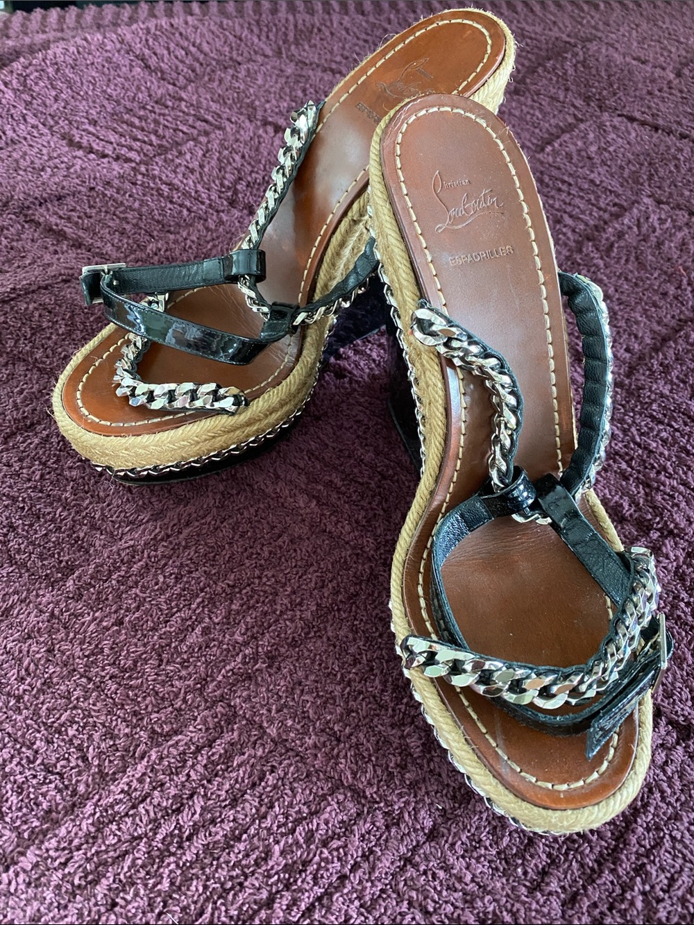 Christian Louboutin Black Patent Leather Espadrille Wedge Sandals